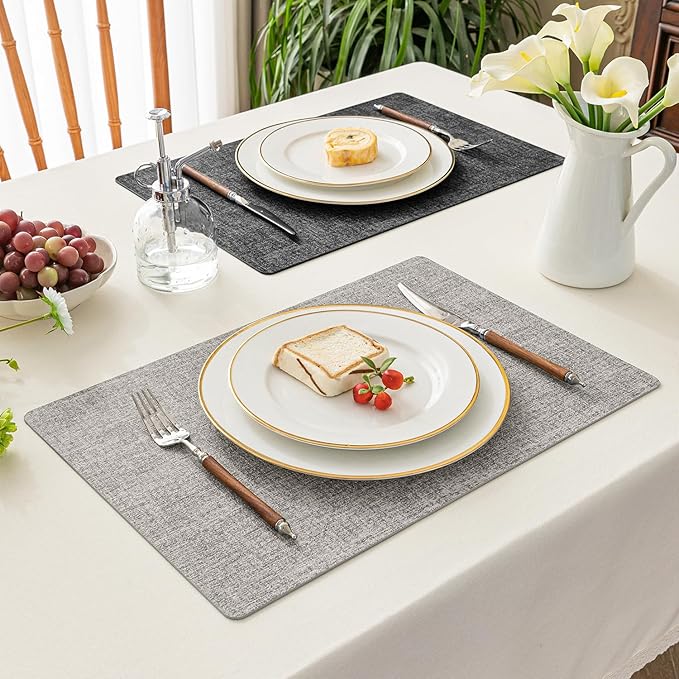 Romanstile Vinyl Placemats Set of 8-17" x 12", Reversible Waterproof Washable Non Slip Table Mats, Faux Leather Heat Resistant Wipeable Table Placemats for Dining/Party/Indoor/Outdoor, Grey-Light Grey