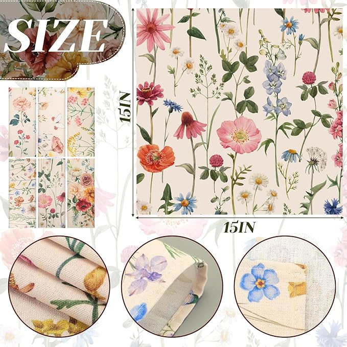 Funnymoom 24 Pcs Butterfly and Wild Flowers Cloth Napkins Floral Plants Reusable Napkins French Retro Toile Dinner Soft Absorbent for Summer Holiday Party