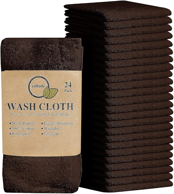 Softolle 100% Cotton Washcloths 24 Pack (12x12 Inches) Soft, Highly Absorbent Washcloth, Face Towels, Wash Cloths for Face, Ring Spun, Bulk Pack (Brown)