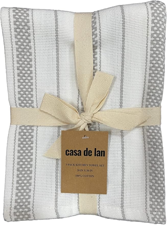 Kitchen Towels Set – Pack of 3 (20’’ x 30’’) Extra Large Premium Cotton Dish Towels for Kitchen – Chain Stripe Towels – Absorbent – 100% Cotton – with Hanging Loop – Light Grey