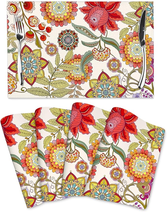 Boho Floral Placemats Set of 4, Flower Table Mats for Kitchen Dining Table, Colorful Decorative Place Mats Washable Linen Placemat 12"x18", Housewarming Gifts for New Home