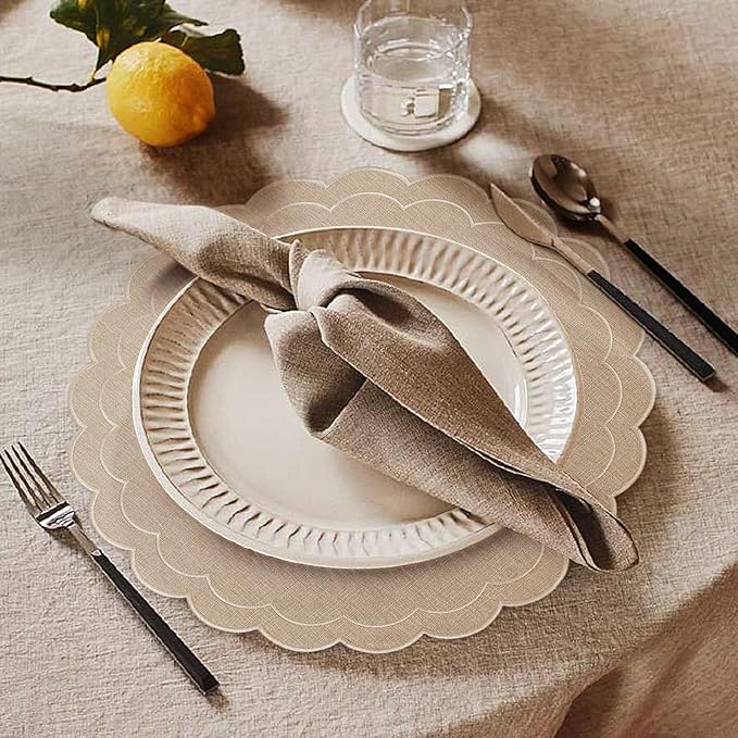 Set of 6 Cotton Linen Placemats, 15 Inch Linen Color Scalloped Flower Embroidery Cloth Table Mats Double Layered Fabric Machine Washable Wrinkle Free Dining Placemat for Hotel Restaurant Kitchen