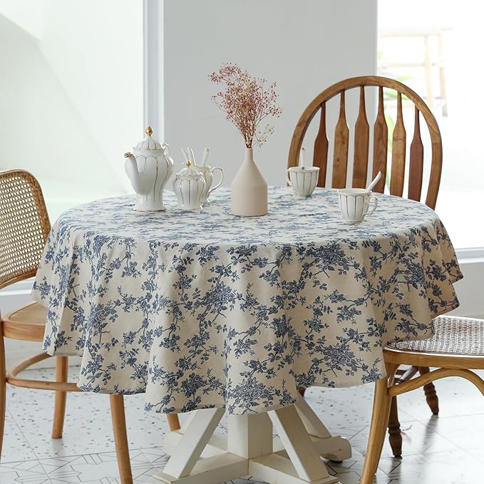 YiHomer Pastoral Round Tablecloth - 48 Inch Dia. Table Cloth - Washable Table Cover with Dust-Proof Wrinkle Resistant for Restaurant, Picnic, Indoor and Outdoor Dining, Floral (Dark Blue)