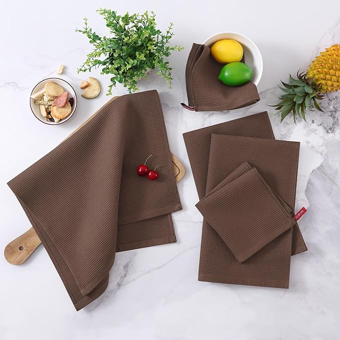 Homaxy 100% Cotton Waffle Weave Dish Cloths - 6 Pack Soft and Absorbent Dish Towels - 12 x 12 Inches Quick Dry Dish Rags - Coffee