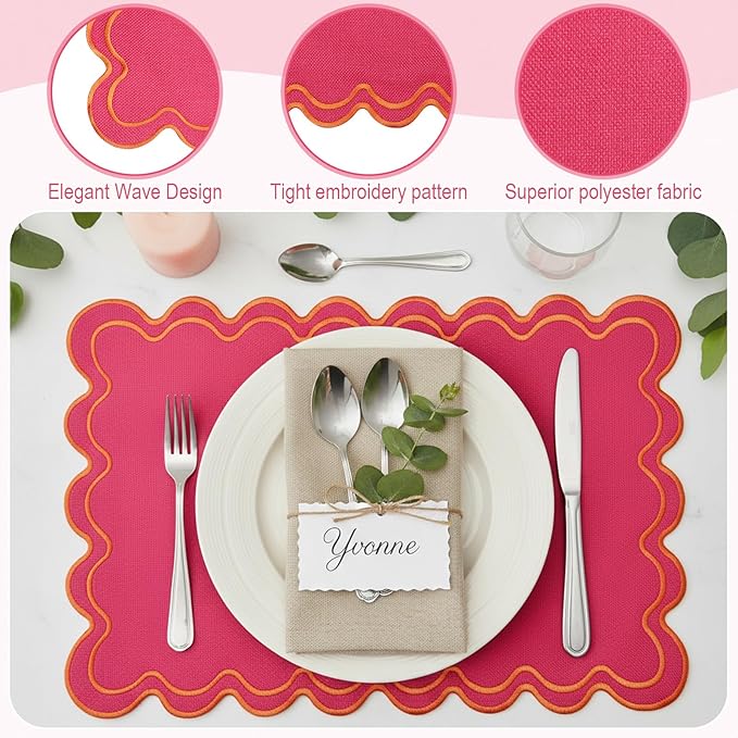 Linen Placemats Set of 12 Scalloped Placemat 13 X19 Wavy Embroidery Double Layered Washable Farmhouse Dinner Fabric Table Mat Napkin for Wedding Party Christmas Hotel Restaurant(Rose Pink)