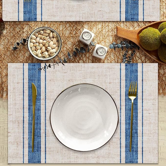CSFOTO Modern Minimalist Line Decorative Placemats Set of 4 Heat-Resistant Non-Slip Kitchen Table Mats Khaki Woven Rectangle Placemats for Dining Table 18"x12" Washable, Blue Stripe