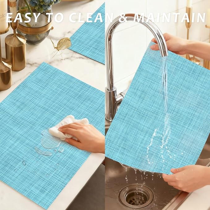 Durable Vinyl Placemats Set of 6, Non-Slip for Dining Table Mat, Heat Resistant Place Mats, Washable Anti-Slip PVC Easy to Clean Wipeable Premium Plastic Mats for Kitchen Blue