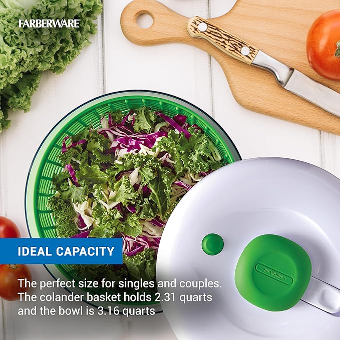 Farberware Small Pro Salad Spinner, 3.16 Qt Lettuce Spinner with Pump Mechanism, Colander Basket and Non-Slip Base - Compact Fruit Washer Spinner Bowl for Singles and Couples