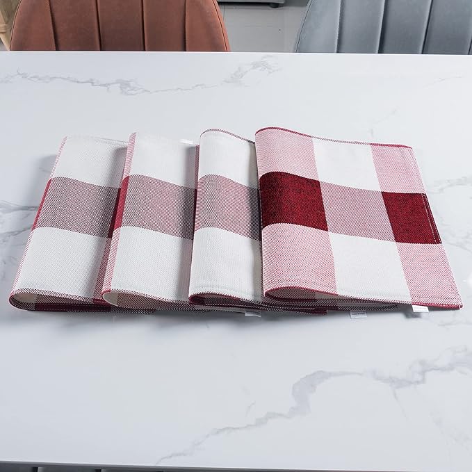 Red Placemats Set of 4, Linen Buffalo Plaid Double Layer Spring Placemats Check Kitchen Table Mats,Waterproof Heat Resistant Durable Cloth Washable Placemats 12 x 18 Inches