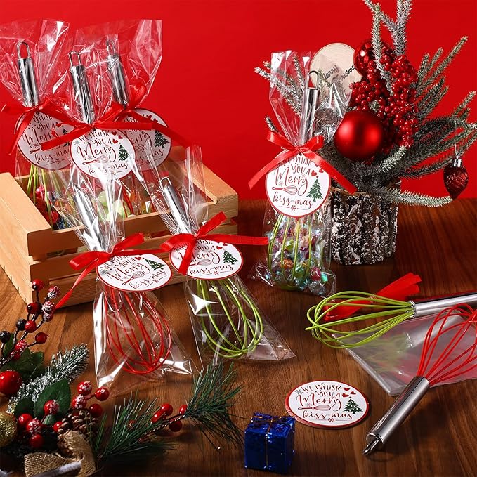 FoldTier 36 Sets 8 Inch Christmas Whisks Gifts DIY Fillable Christmas Tree Ornaments Xmas Colored Silicone Whisks for Cooking Heat Resistant Egg Beaters with Card Rope Bag for Candy Holder