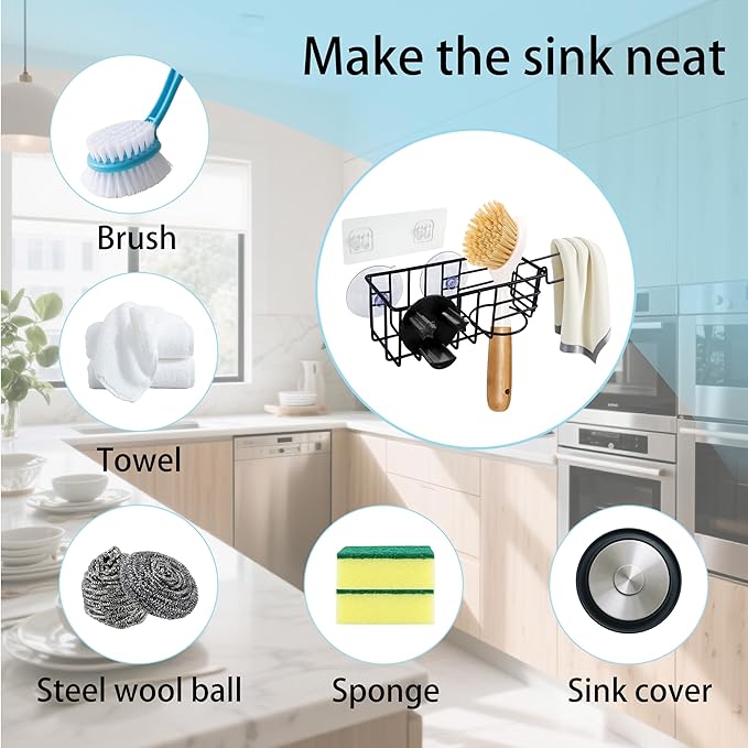 Sponge Holder Smile Face with Dish Cloth Hanger for Kitchen Sink, In-sink Caddy Organizer with Suction Cups & Adhesive Strips, Rustproof Sponge Rack for Soap, Brush, Scrubber - Black（3 Pack）