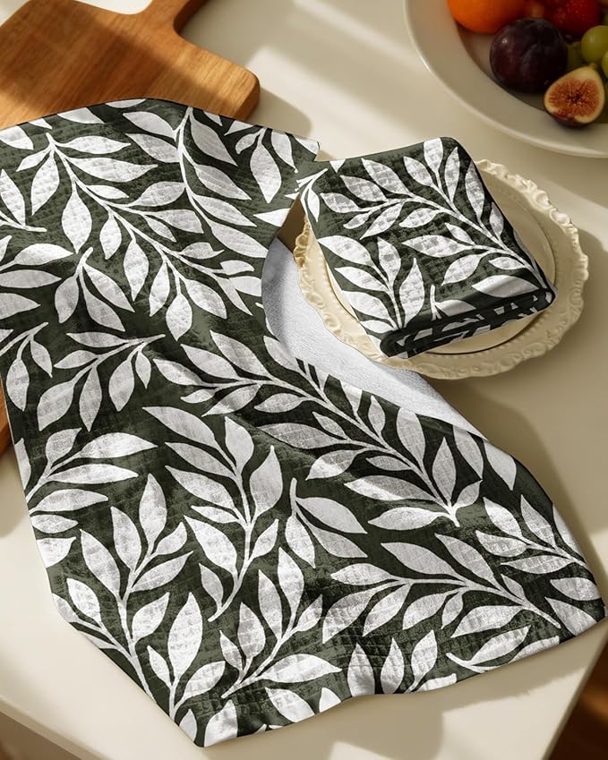 Miss Adola Cotton Waffle Kitchen Towels – Cute 370 GSM 16x25 Inch Terry Cloth Waffle Decorative Dishcloth for Kitchen Set of 2 with Hanging Loop Absorbent Hand Tea Towel for Home Design, Leaf