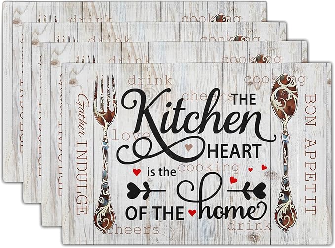 Giwawa The Kitchen is The Heart of The Home Placemats Set of 4, Farmhouse Vintage Style Cooking Sets Linen Washable Table Place Mats 12x18 Inch for Kitchen Dining Party Indoor Outdoor Decor
