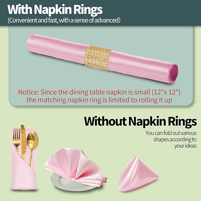 100 Pack Pink Satin Napkins and Napkin Rings Set, 12 x 12 Inch Silky Soft Cloth Napkins Set of 50, Square Satin Dinner Table Napkins Bulk for Wedding Banquet Graduation Party Decoration