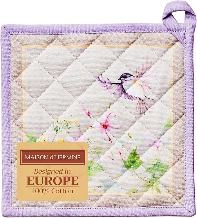 Maison d' Hermine Pot Holders 100% Cotton Heat Resistant Potholders 8" x 8" Hot Pads with Loop Cooking Baking Gifts for Mothers Day Handling Hot Pans Spring/Summer (Pack of 1, Magnolia Mornings)