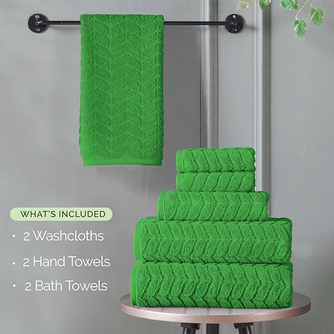 Elegant Comfort Luxury 6-Piece 100% Turkish Cotton Jacquard Braided Textured Premium Hotel Quality Towel Set– Soft and Absorbent, Includes 2 Bath Towels, 2 Hand Towels and 2 Washcloths, Emerald Green