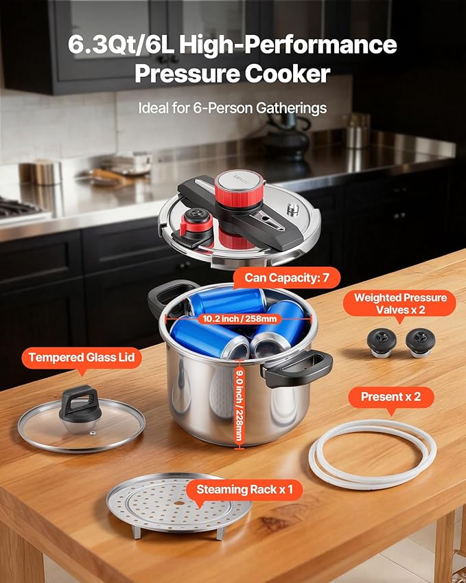 VEVOR Pressure Cooker, 6.3Qt Pressure Cooker Stainless Steel, Pressures Canner with Steaming Rack, Tempered Glass Lid, Three Pressures Settings for Meat, Beans, Rice, Soup, Sauces, Cook up to 100 kPa