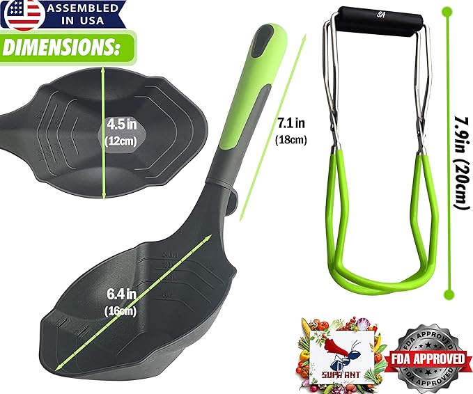 Soup Ladle and Jar Lifter -500F Heat Resistant & BPA-free. Non Scratch 8oz Ladle Spoon. Non Stick Scoop Ladel Serving Spoons for Sauce Pasta. Soup Spoons & Canning Supplies Jar Lifter by Supa Ant
