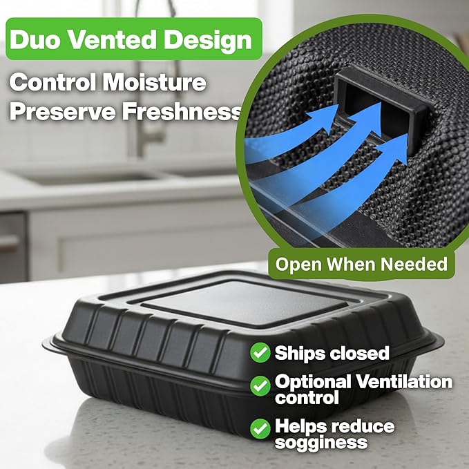 9x9 3-Compartment Hinged Vented Food Containers, 50 Pack – Clamshell Takeout Containers, Meal Prep Food Storage, 3 Compartment Food Containers, To Go Boxes & Cake Slice Box - Black