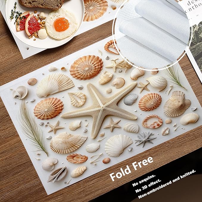 Batmerry Seashells Starfish Placemats, Beach Themed Arrangement Washable Linen Table Mats for Kitchen Table Double Insulation Decor Dining Set Indoor Outdoor 12X18 in Set of 4