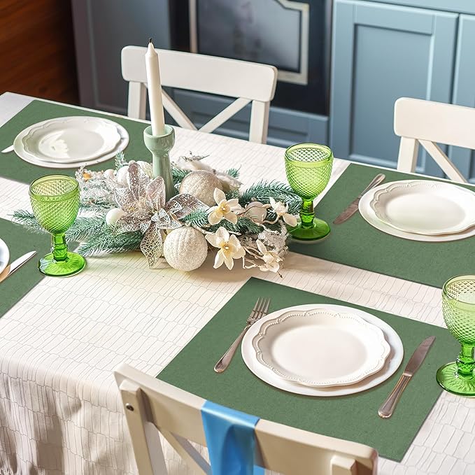 MANSPHIL Sage Green Cloth Placemats Set of 6, Double Layer Faux Linen Place Mats Heat Resistant Washable Table Mats for Dining Kitchen, 13x19 Inch