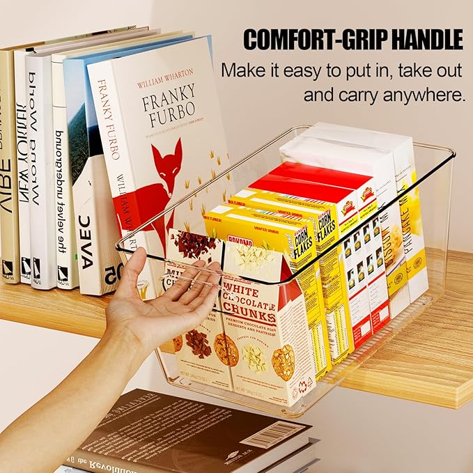 Set of 6 Clear Plastic Storage Bins, 4 Large +2 Small Pantry Organizers and Storage Containers for Kitchen Organization, Home Storage Must Haves for Office, Closet, Garage, Freezer& Bathroom