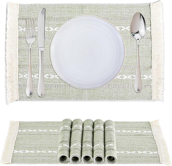 Cotton Linen Placemats Set of 6, Boho Hemstitch Place Mats with Fringe, Washable Table Mats for Dining Table, Rustic Farmhouse Kitchen Decor Home Decor