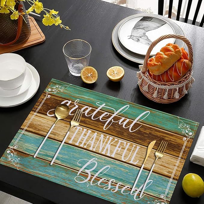 Farmhouse Placemats Set of 6 Thanksgiving Dining Table Placemats Rustic Teal Cloth Place Mats - Linen Washable Wipeable Heat Resistant Decorative Table Mats for Kitchen Coffee Dinner