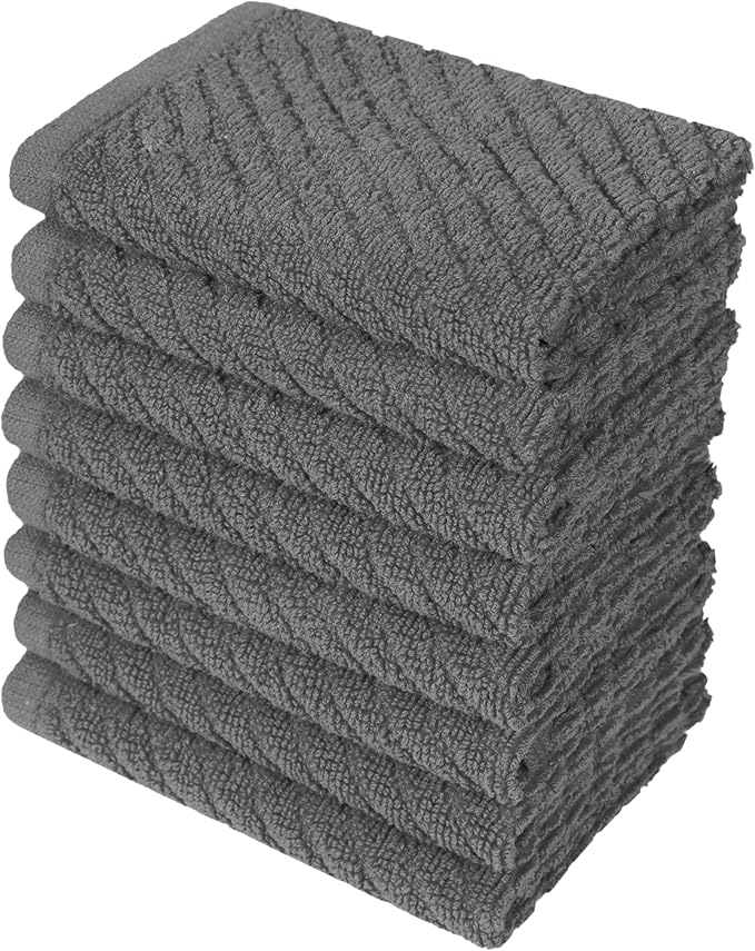 Bumble Towels Premium Kitchen Dish Cloths (12" x 12") | 8 Pack | Diagonal Deluxe Dish Cloth | High Absorbent Tea Towels Set | Gray