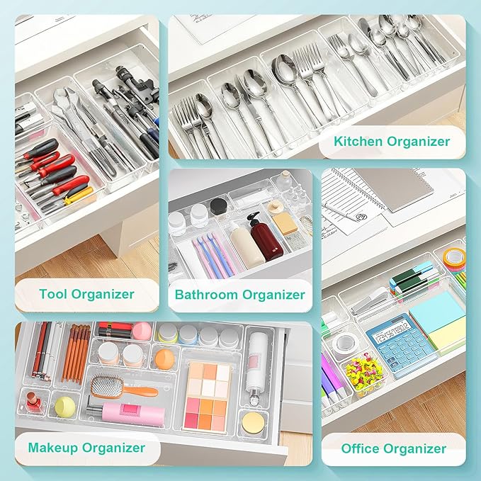 Clear Plastic Drawer Organizers Set of 45 Vanity trays Stackable Storage Bins Dividers Bathroom Organiser Storage Vanity Bins for Makeup, Kitchen Utensils, Jewelries, Office