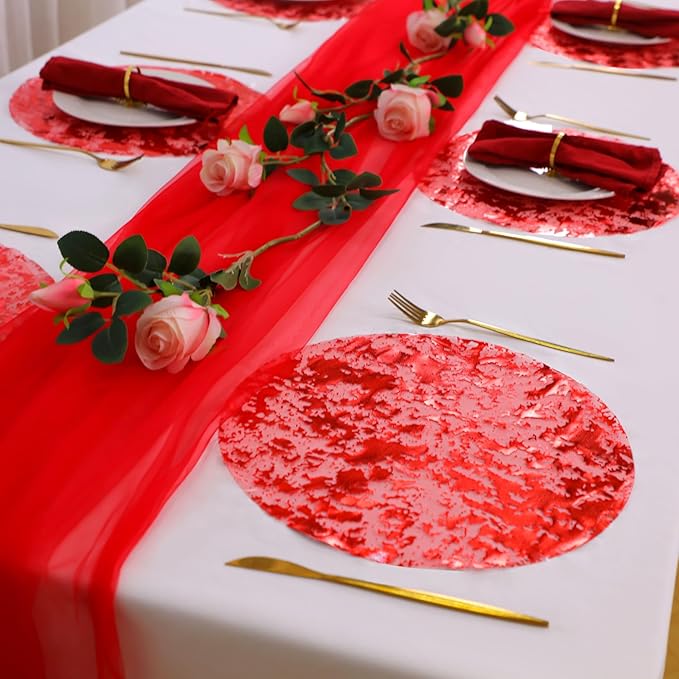 Snowkingdom 24 Pcs Red Placemats, 13 Inch Round Disposable Table Mats with Metallic Foil Mesh Glitter Design, Elegant Party Supplies for Valentine’s Day, Christmas, Wedding, Birthday Dinner Decor