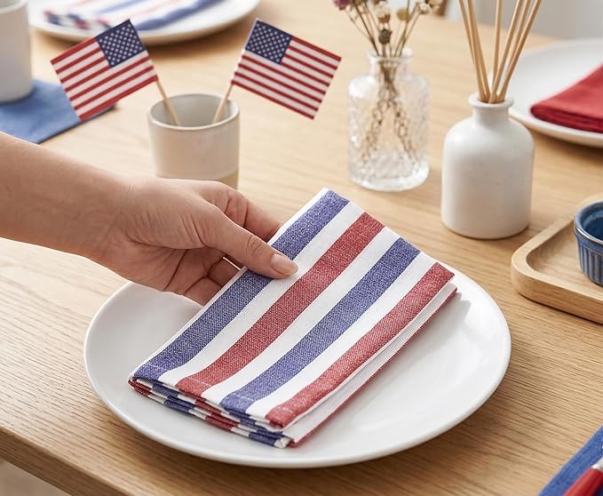 PurpleEssences 4th of July Plain Striped Cloth Napkins - Set of 12-100% Cotton - 18 x 18 Inch - Perfect Everyday Use Dinner Napkin - Red Blue White