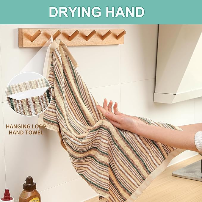 SALAS Premium Cotton Kitchen Dish Towels for Drying Dishes,Large Long 390GMS Hand Towels, Thick Highly Absorbent Dish Cloth Towel Sets with Hanging Loop, 16" X 26", 3 Pcs, Beige
