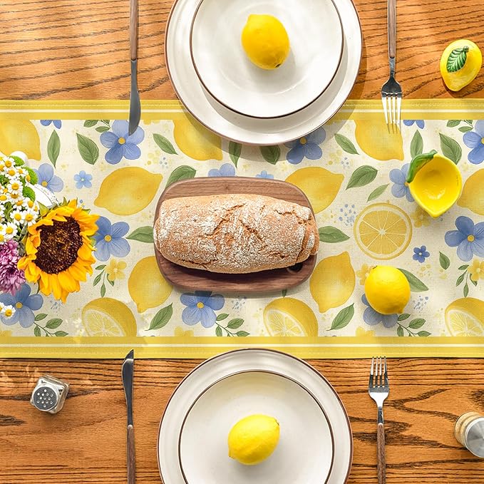 Artoid Mode Lemon Flowers 210 GSM Summer Table Runner, Seasonal Spring Kitchen Dining Table Decoration for Home Party Decor 13x72 Inch