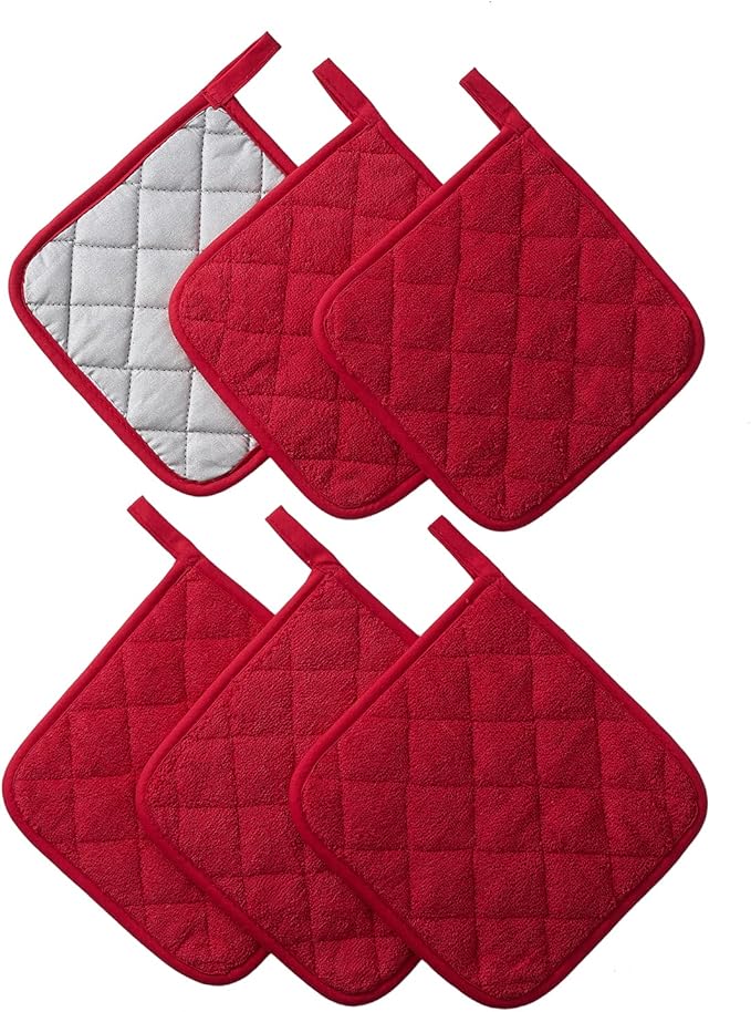 Kitchen Pot Holders Set Heat Resistant Pure Cotton Potholders Kit Trivets Large Coasters Hot Pads Terry Pot Holders for Everyday Cooking and Baking by 7 x 7 Inch Set of 6 Red
