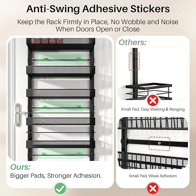 SNTD 8 Tiers Over the Door Organizer - Height Adjustable Pantry Organizers and Storage with Dense Mesh Baskets, Anti-Swing Hanging Door Spice Rack for Kitchen Bathroom (Black, 17" W x 6" D x 69" H)