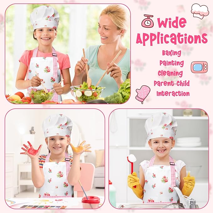 R HORSE Kid Apron and Chef Hat Set - 2Pcs Plaid Floral Adjustable Children Kitchen Toddler Apron for Girls, Role Play Chef Toy Cooking Baking Painting and Training Kit Kid Funny Cooking Birthday Gift