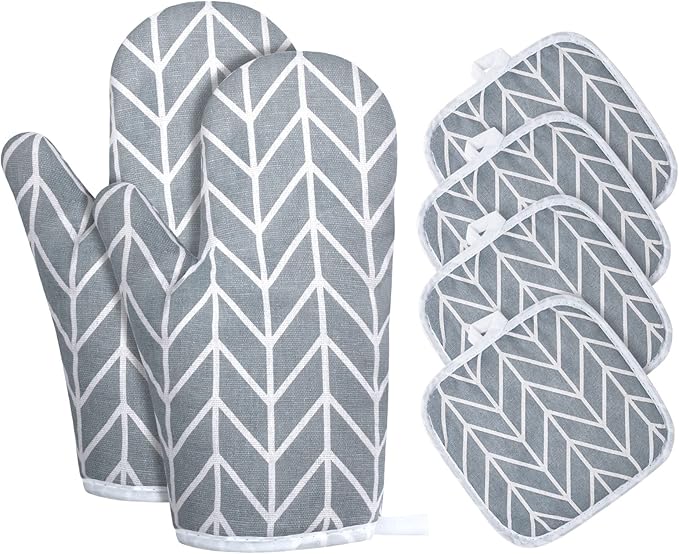 AUAUY Oven Mitts and Pot Holders 6PCS Set, 392°F Heat Resistant Cooking Gloves and Hot Pads Baking Mittens BBQ Gloves, Top Kitchen Gadgets, Non-Slip Kitchen Mittens for Oven Cooking Baking Grilling