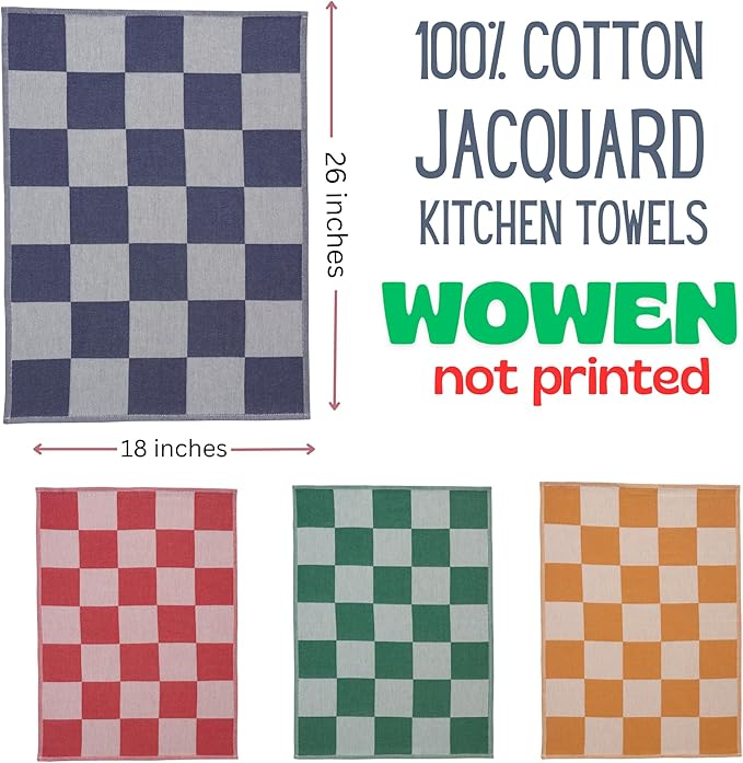 sea me at home Kitchen Towels, French Jacquard 100% Cotton Gingham Check Tea Towel Set of 4 – Soft, Absorbent & Durable Dish Towels (Vintage Checkered)