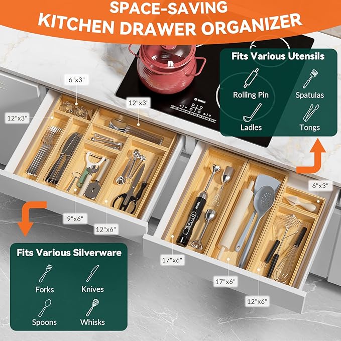 Lixple Bamboo Drawer Organizer - Silverware & Utensil Organizer, Stackable, 2 Pcs, Wooden Storage Box Tray (Bamboo, 12 X 6 X 2 Inch)