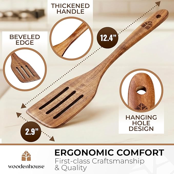Wooden Spatula for Cooking - Non-Scratch, Sturdy, Natural Teak Cooking Utensils - Easy to Clean Wooden Spatula Set with Turner, Scraper, Slotted & Frying Wood Spatulas, Jar Scraper, Spoonula - 6 Pcs