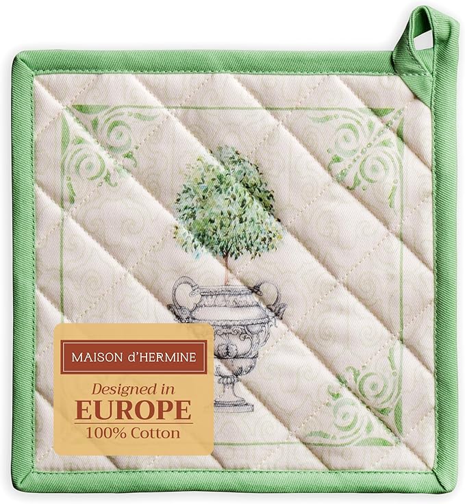 Maison d' Hermine Pot Holders 100% Cotton Heat Resistant Potholders 8" x 8" Hot Pads with Loop BBQ Cooking Baking Gifts for Mothers Day Handling Hot Pans Spring/Summer (Pack of 1, Jardin Du Roy)