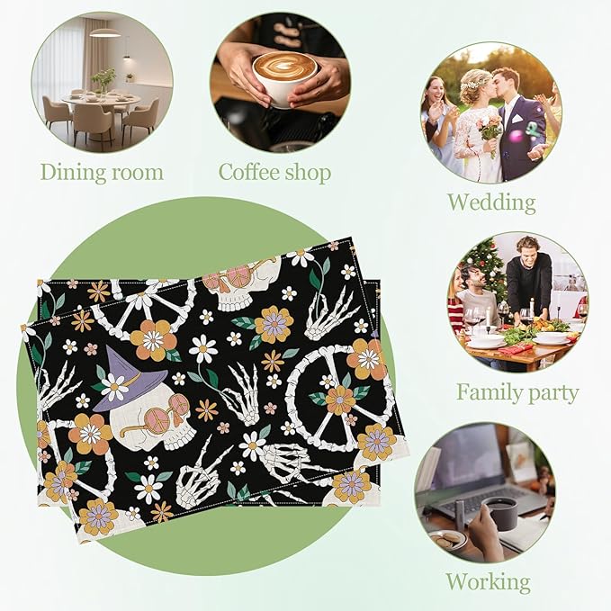 Hippie Peace Skeleton Floral Placemats Set of 6, Washable Heat Resistant Table Mat Linen Place Mats for Party Kitchen Dining Home Decor 12x18 Inch