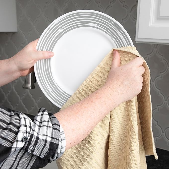 Ritz Royale Collection 100% Combed Terry Cotton, Highly Absorbent, Kitchen Towel Set, 13-3/4" x 12", 4-Pack, Solid & Checked, Latte