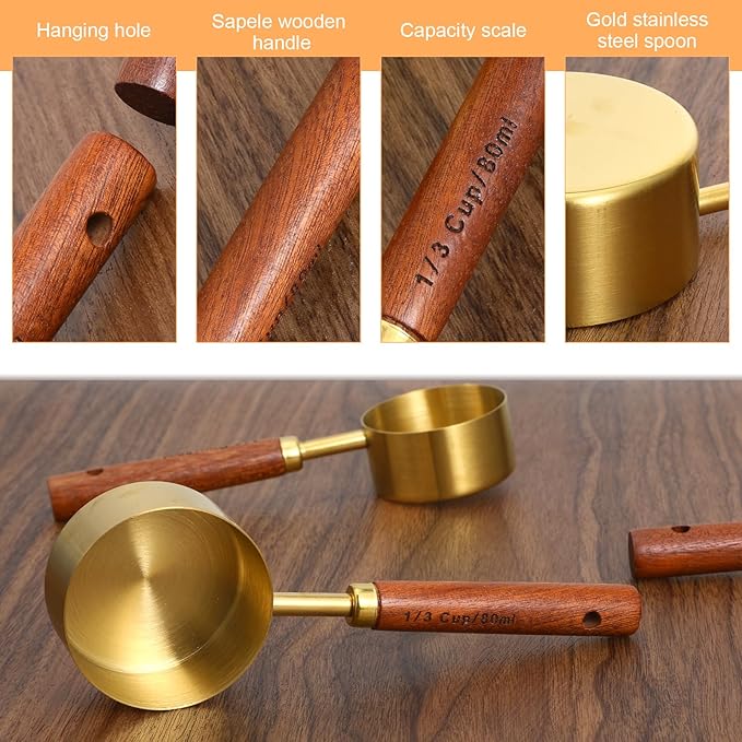 8Pcs Measuring Cups and Spoons Set, Gold Stainless Steel Measuring Cups with Wooden Handle, Nesting Measure Spoons and Cup Kitchen Measure Set for Kitchen/Food/Baking
