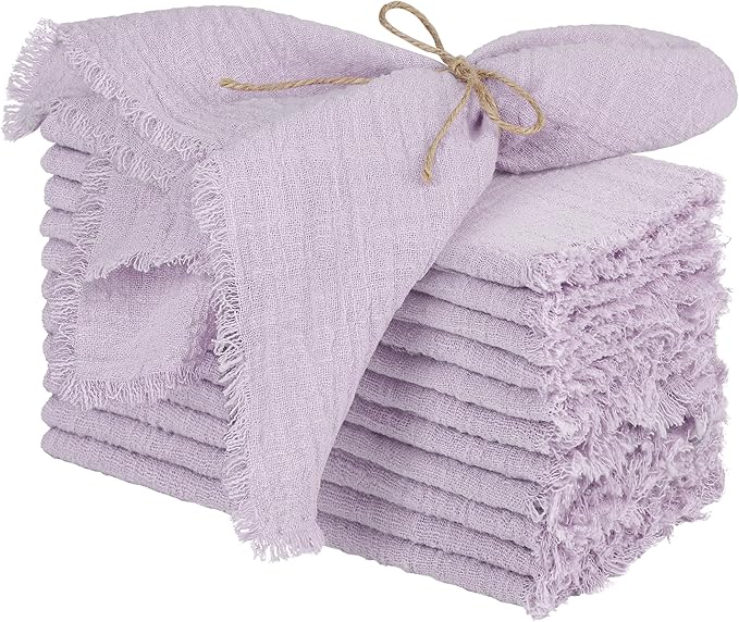 TURSTIN 12 Pieces Cotton Linen Cloth Napkin Handmade Cloth Napkin with Fringe 17 x 17 Inch Soft Dinner Wedding Napkins Square Rustic Fringe Table Napkins for Dinners, Parties, Lavender Purple