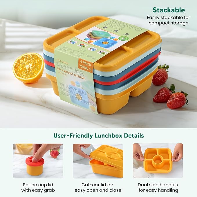 QQKO Bento Snack Box Containers for Adults Kids, Meal Prep Containers Reusuable Bento Lunch Box, Lunchable Food Storage Containers with Lids and Sauce Cups, Vivid Red