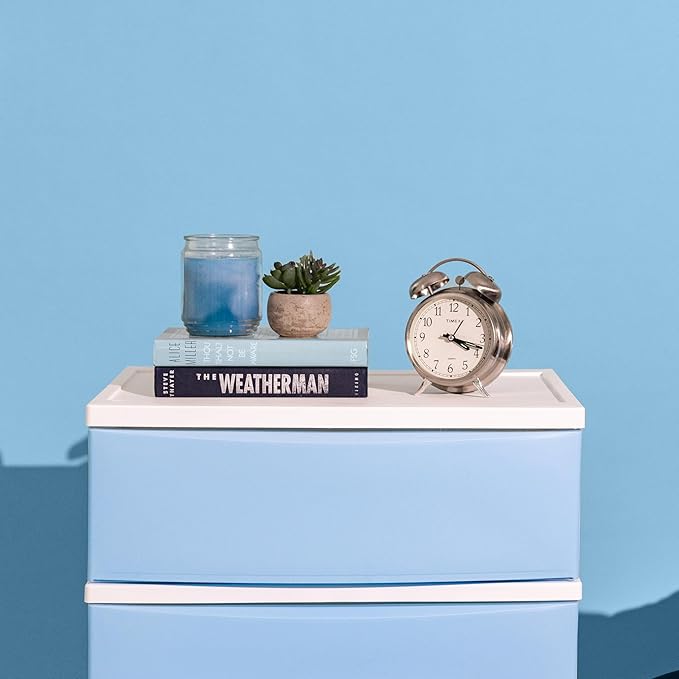 IRIS USA Plastic Drawer Storage Organizer, 4-Drawers, for Classroom Art Supplies Bathroom Dorm Bedroom Laundry Room, Wide, White Frame with Matte Blue Front Panels