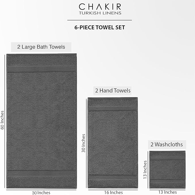 Chakir Turkish Linens 100% Cotton Premium Turkish Towels for Bathroom, 2 Large Bath Towels 36x60, 2 Hand Towels, 2 Washcloths (6-Piece Towel Set, Dark Gray)