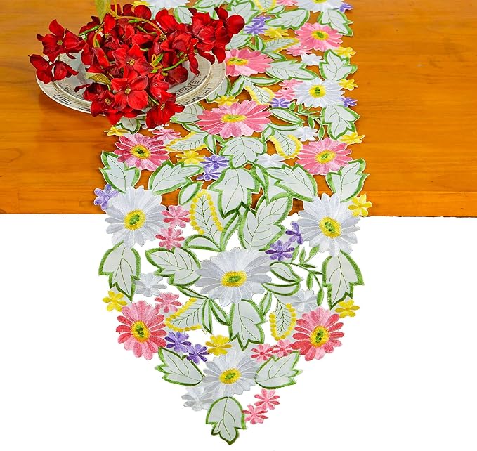 AMARED Spring Daisy Table Runners Embroidered Flowery Applique Floral Cutwork Table Linen for Home Decoration (13 X 69 Inch)